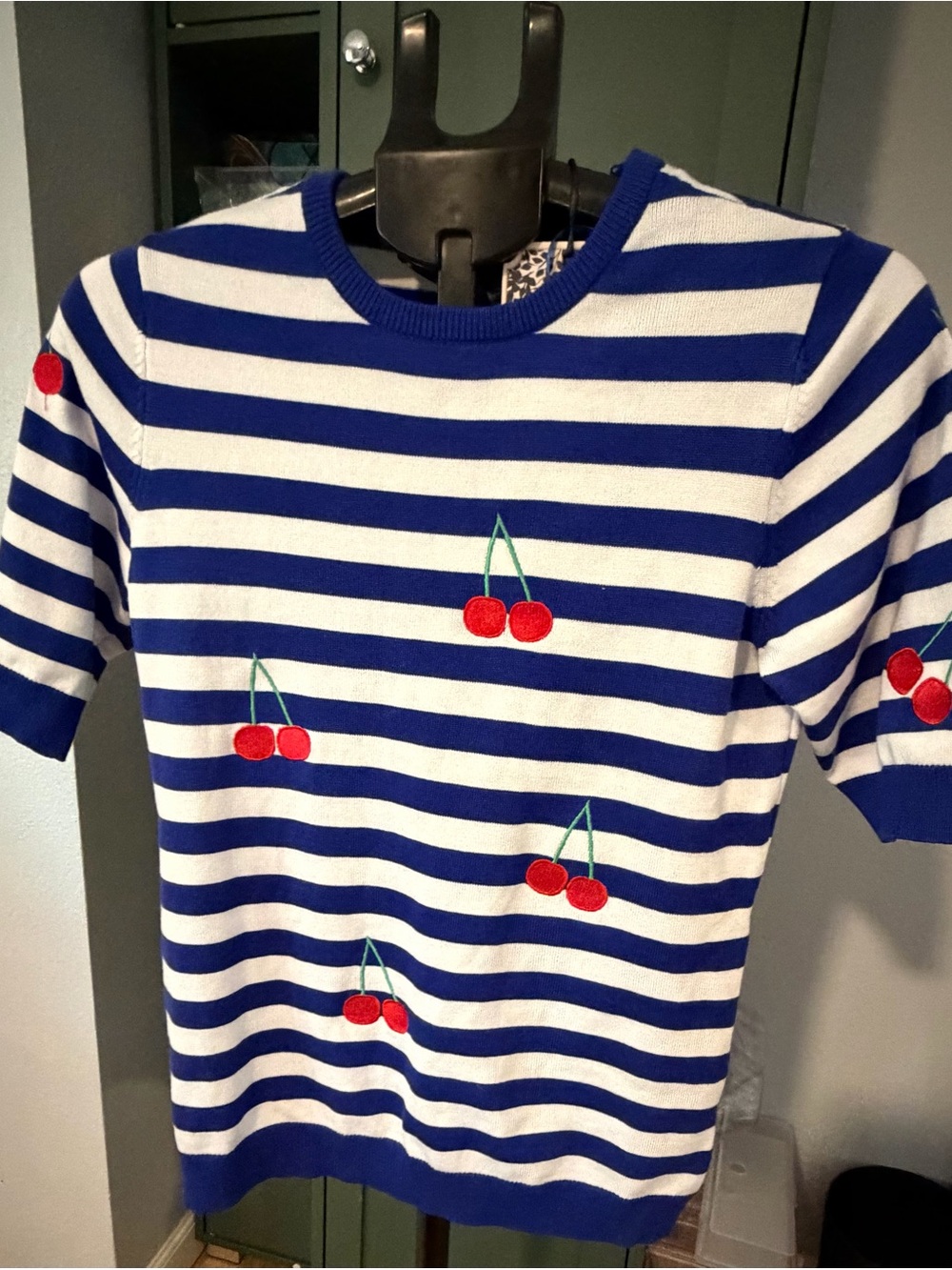 NWT Madison By Design Blue White Striped Cherry Embroidered Knit Sweater Top M